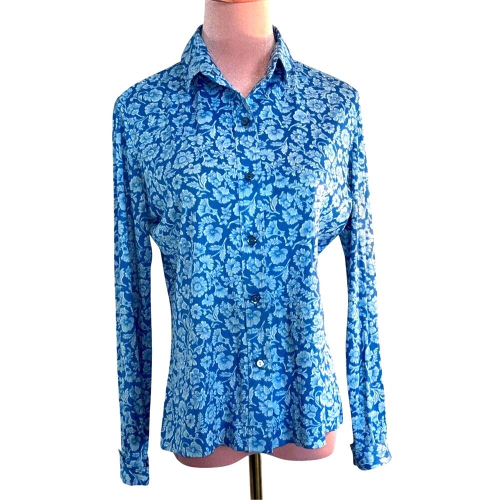 Vintage Alex Colman California Blue Floral Silky Shirt Button Close & Cuff S
